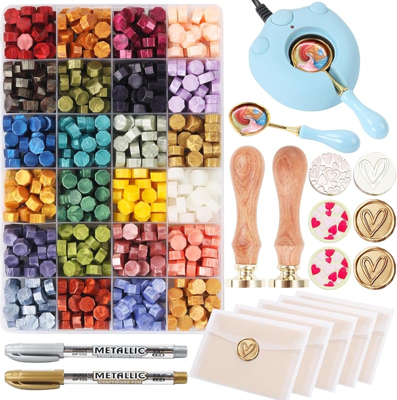 Kit de sellos de cera con cuentas de sello de cera de 24 colores, 600 piezas, WASOHLING 2 sellos de cera con forma de corazón con calentador de sellado eléctrico, sobres y bolígrafo metálico para sellar letras