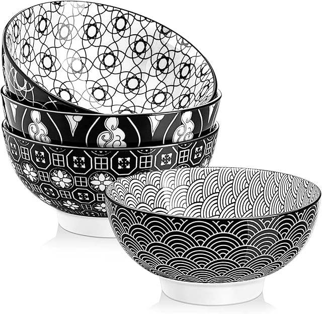 vancasso Cereal Bowl Set of 4, Haruka Japanese Style Salad Bowl, Black&White Porcelain Soup Bowl in Vibrant Colour Patterned Design, 6 inch Pasta Bowl for Ice Cream/Snack/Dip/Fruit/Pudding/Desert Bowl