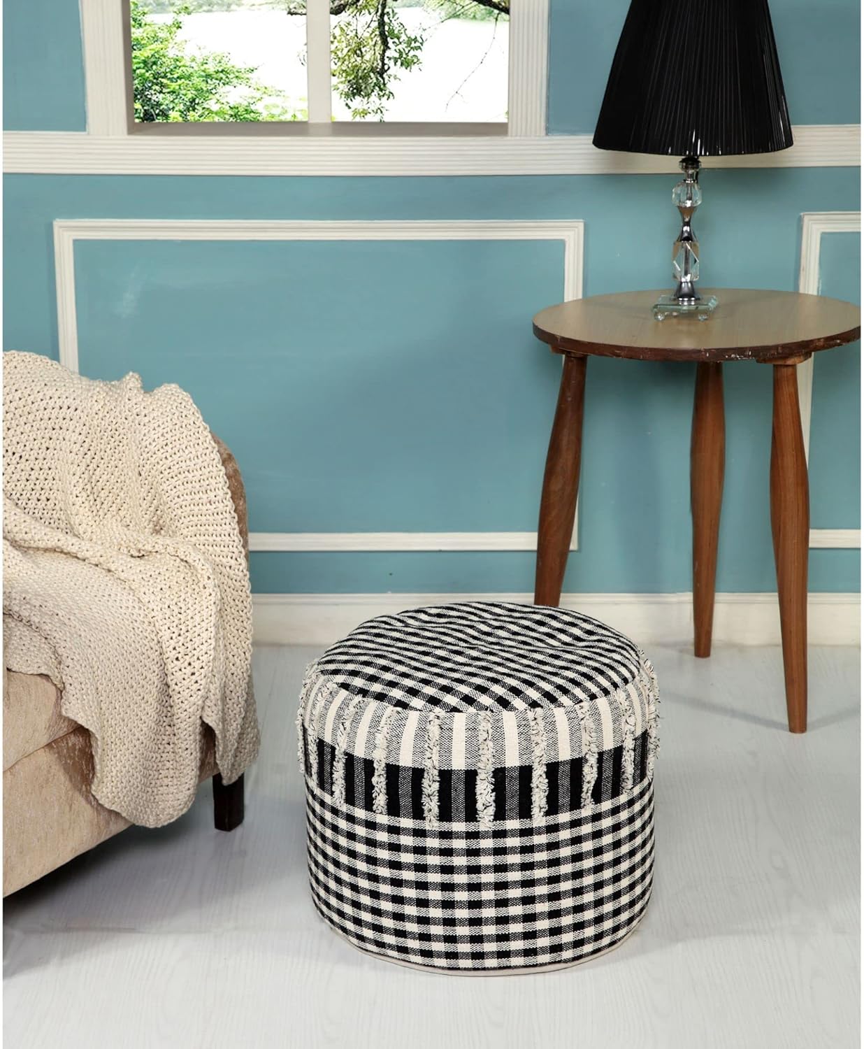 CC Home Furnishings 18" White and Black Checkered Hand Loomed Round Pouf Ottoman