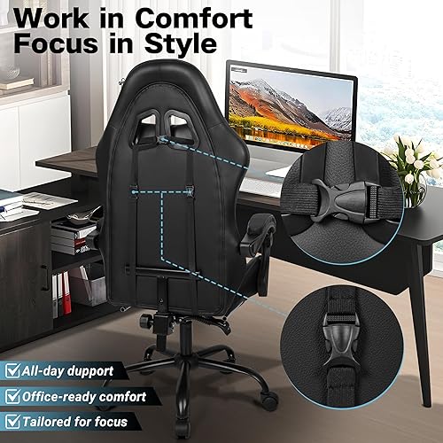 Miniatura 5 de Silla de juegos, silla ergonómica para computadora con reposapiés y soporte lumbar, silla de oficina ajustable en altura con asiento giratorio de