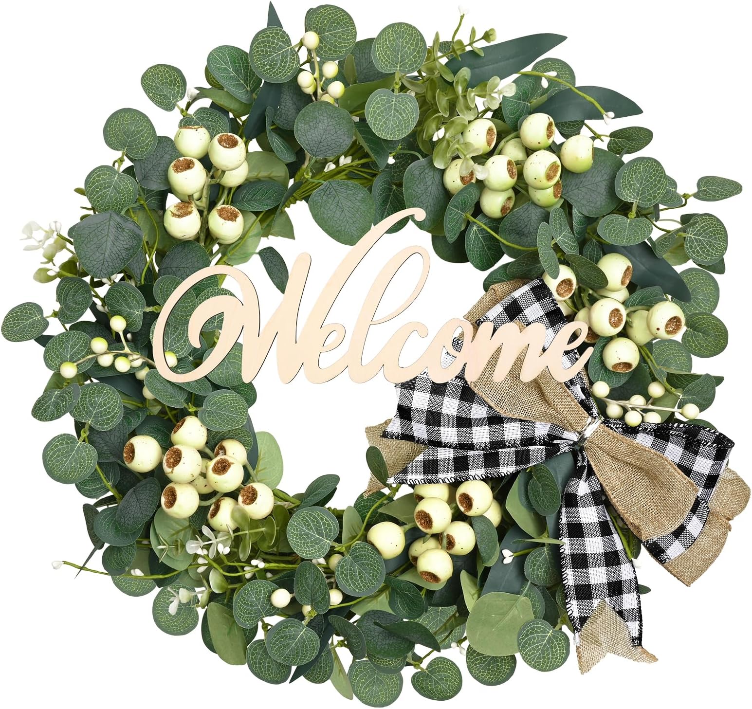 WaipfaruEucalyptus Wreaths for Front Door, 20'' Green Outdoor Wreath with Welcome Sign and White Berries, Farmhouse Window Front Porch Patio Garden Decor