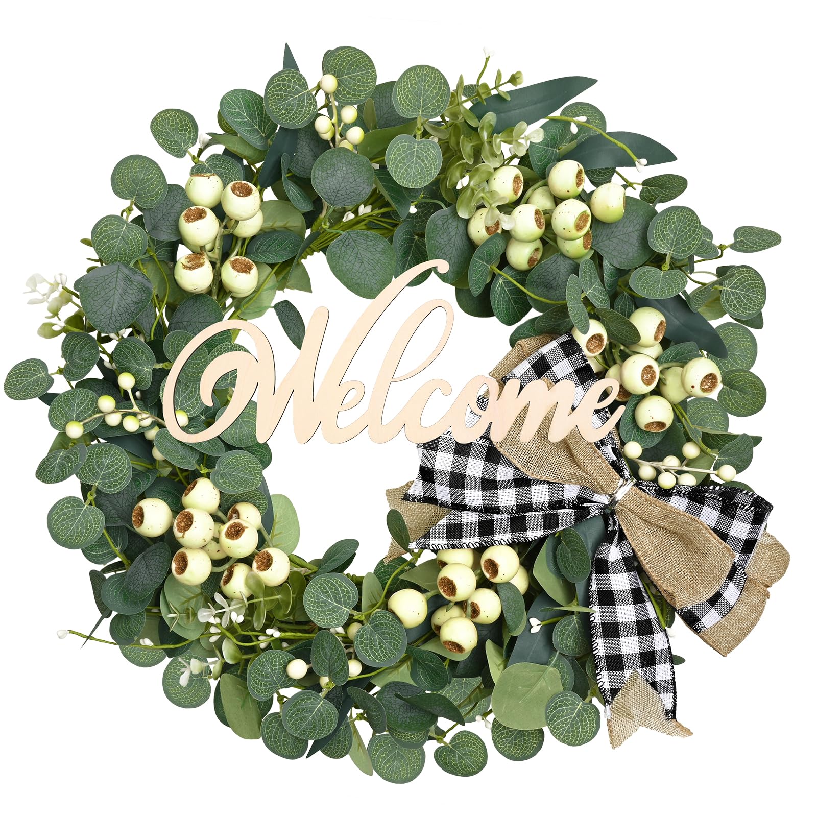 WaipfaruEucalyptus Wreaths for Front Door, 20'' Green Outdoor Wreath with Welcome Sign and White Berries, Farmhouse Window Front Porch Patio Garden Decor