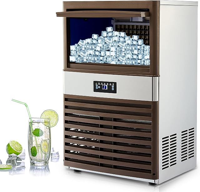 CREWORKS 88.45kg/24h Commercial Ice Machine, 55 Ice Cubes Industrial Ice Maker Machine, Freestanding Stainless Steel Ice Cube Machine with 15kg Ice Storage Capacity for Bar Home Supermarkets