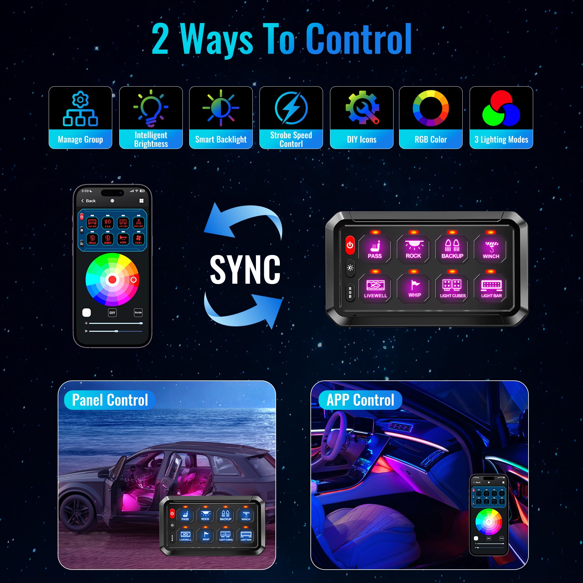 Panel de interruptor RGB de 8 velocidades, regulable automáticamente, panel de interruptores multifunción con memoria de impulso de inclinación instantánea, panel de aluminio para camiones