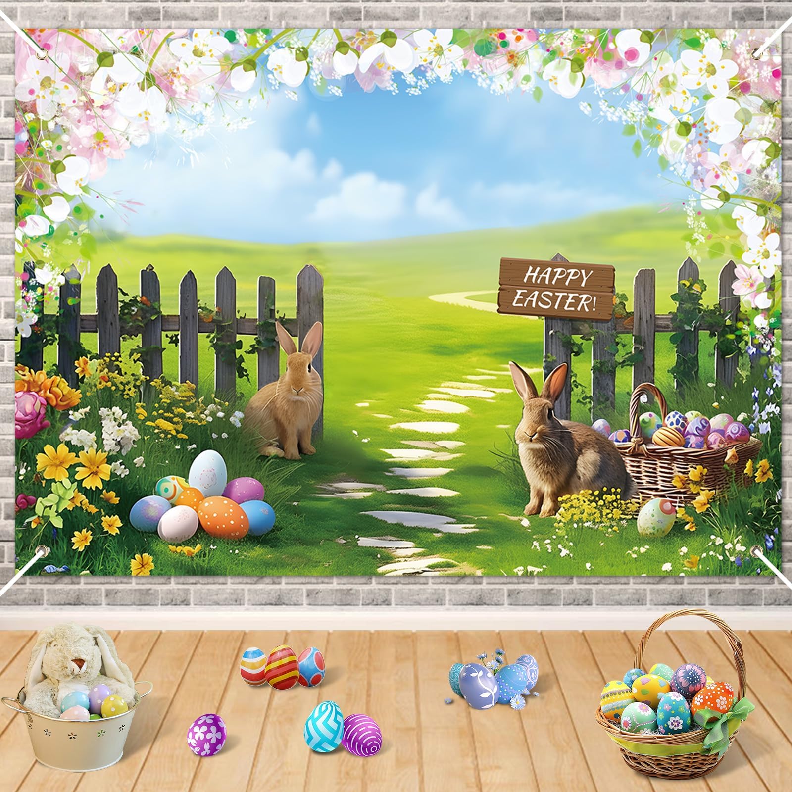 Spring Easter Photography Backdrop, 7x5ft Happy Easter Bunny Egg Garden Photoshoot Backdrop Green Grass Pink Floral Fence Nature Flower Backdrops Photo Banner Hello Spring Backdrop for Photography