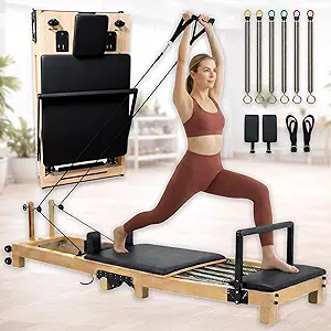 Foldable Pilates Reformer Machine with Accessories - 91 inches, Wooden Frame, Home & Studio Use