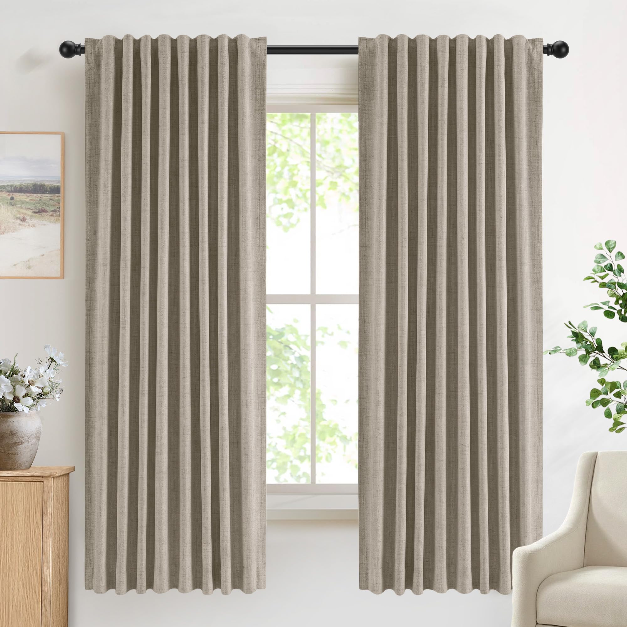 DEFYNEE 100% Blackout Curtains for Bedroom, 50 x 72 Inch Drop, Back Tab/Rod Pocket, Thermal Insulated Curtains with Coating Back Layers, for Room Darkening Privacy Protection, 2 Panels, FauxLinen โ image 1