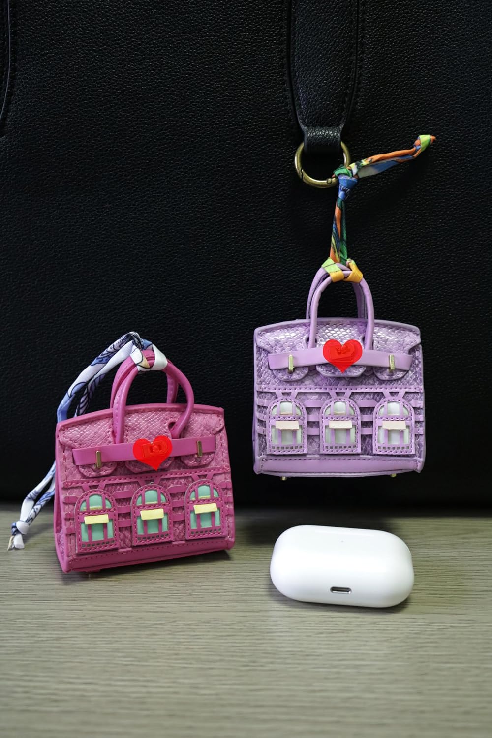 Women's 2 PCS Mini Tote Bag Charms Keychain Pouch Small Coin Purse Wallet (Rose + Purple) image 2