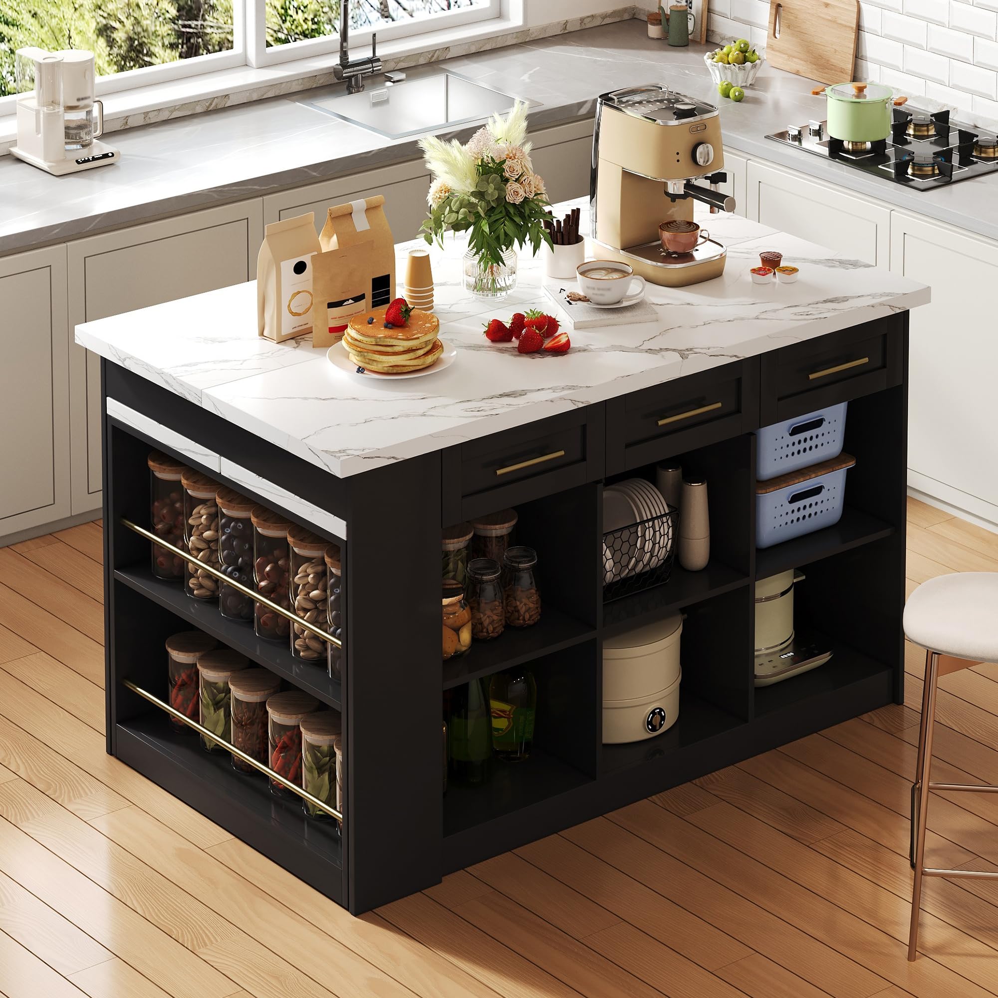 Kücheninsel mit Ausziehtisch 150+96cm, Freestanding Kitchen Island Kücheninseln mit Schwarz ausziehbarer Esstisch,Weiß marmorierte Holzarbeitsplatte/Tisch, mit Stauschränke für Familienküchen