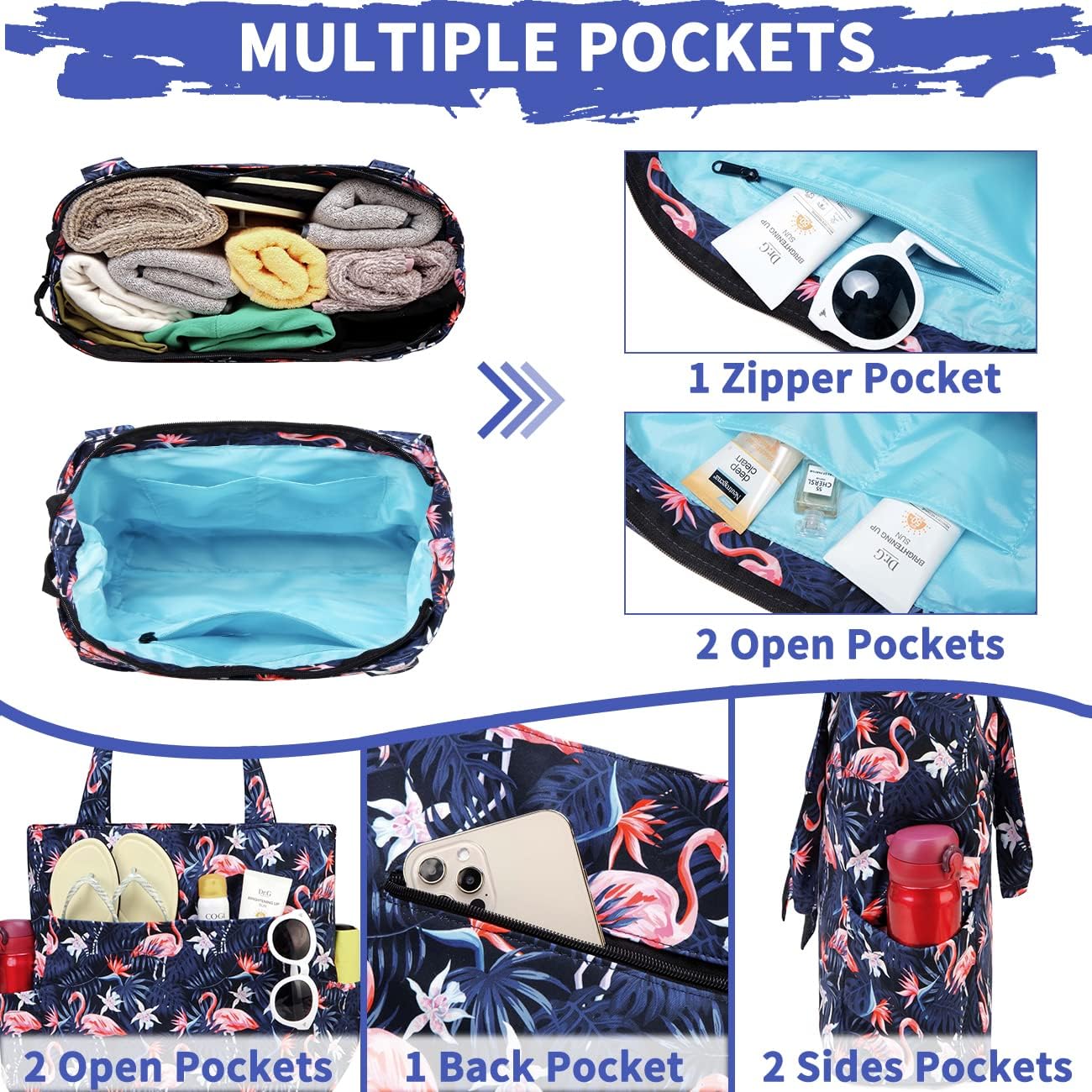 Kasqo Beach Tote Bags for Women, Waterproof Sandproof Large Pool Bag Stylish Zipper Beach Tote for Gym Travel Shopping School - Image 4