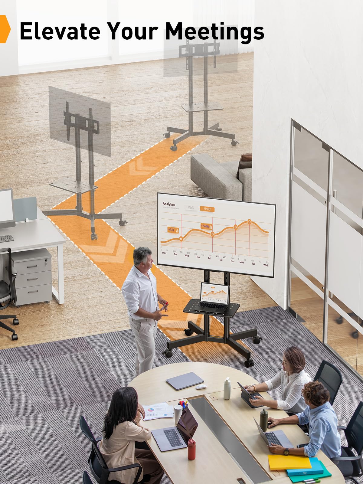 Perlegear PGTVMC14 - Supporto TV mobile con ruote per TV da 32 a 70 pollici, carrello per TV mobile regolabile in altezza con inclinazione da -15° a +5°, supporto TV da esterno per TV 4K max VESA 400