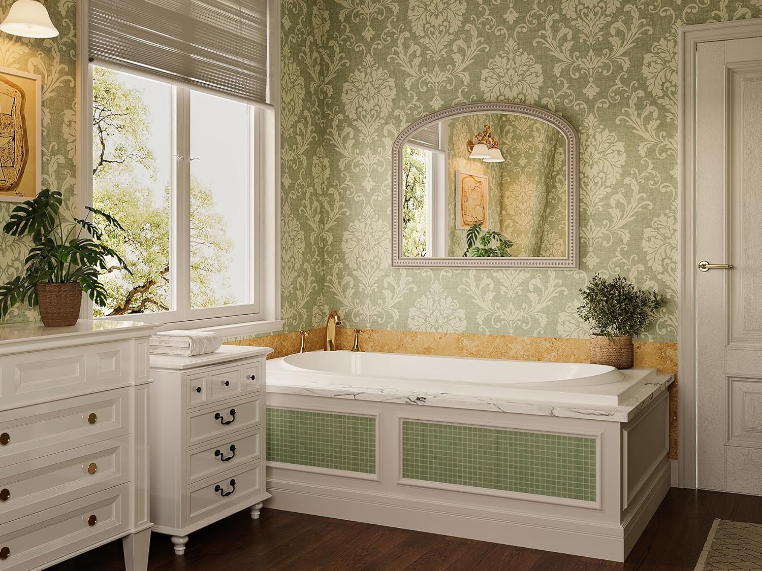 Boho Mirror for Wall, 36" x 30" Farmhouse Arched Rustic Wooden Frame Mirror with Beaded, Arch Decorative Wall Mirrors for Bathroom, Vanity, Living Room, Entryway