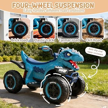 24V Dinosaur Ride on ATV, 200W*2 Power Motor, Big Wheels, 2-Seater Ride on Toy w/Parental Control, 4-Wheel Suspension, Dynamic Lights, Bluetooth&Music, 1hr Work Time for Kids 4-8(Blue)
