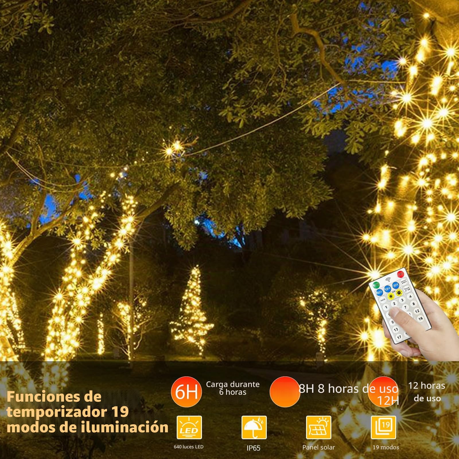 SOLARBABY Guirnaldas Luces Exterior Solar - 62M 600LED Luces Solares w/Remoto, 19 Modos IP65 Impermeable Navidad Solares LED Exterior Jardín Decoracion para Del Arbol Patio Terraza, Blanco cálido