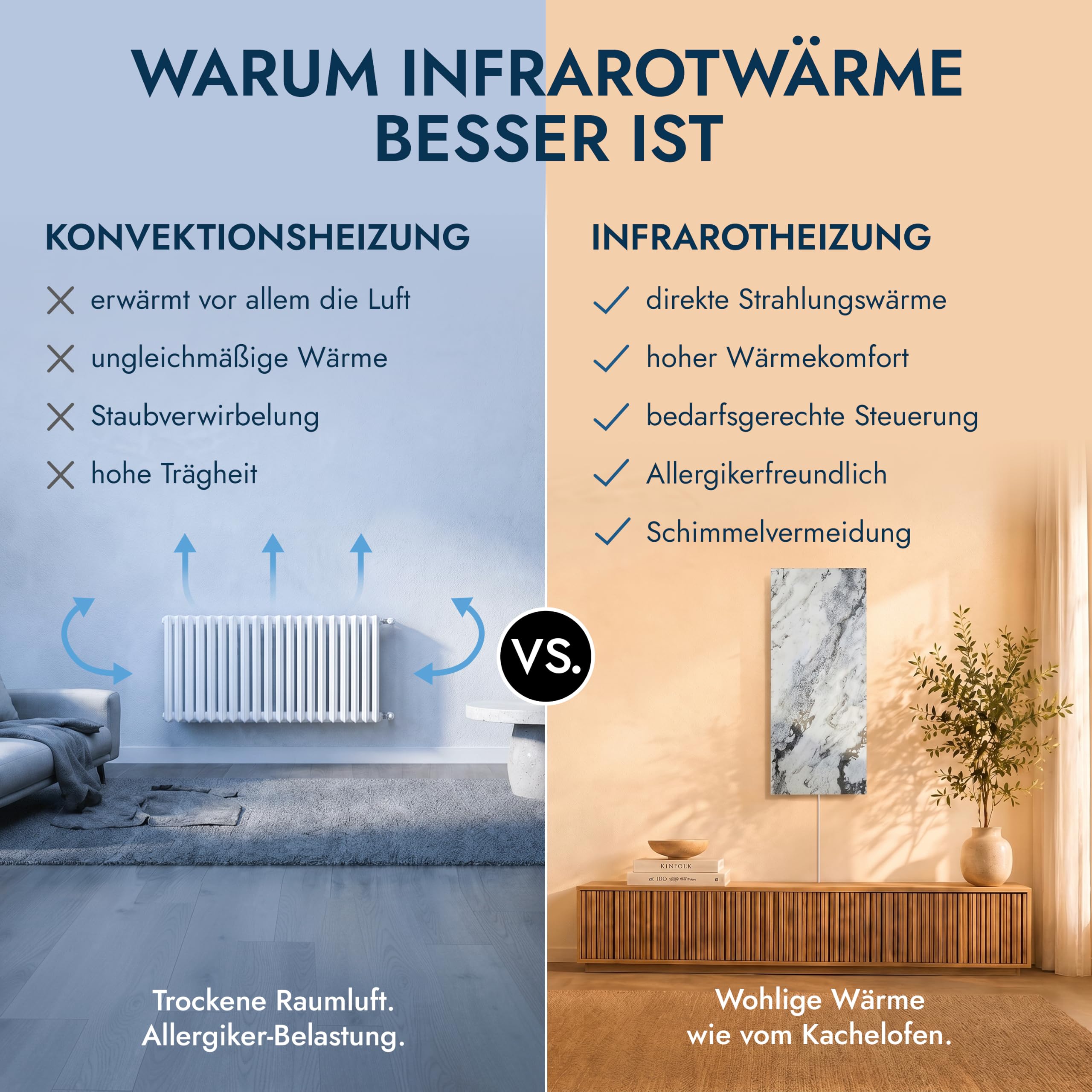 Naturstein Infrarotheizung 800 Watt Qarama - Massive Wandheizung aus echtem Marmor - Elektroheizung mit Digitalthermostat, lautlos, 100x40 cm - Made in Germany