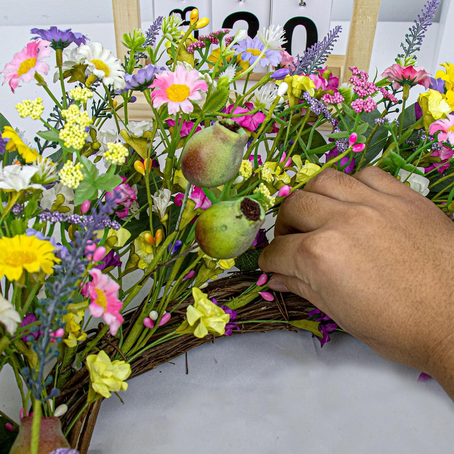 22 Inches Spring Wreaths for Front Door Rustic Spring Floral Wreath Summer Door Wreaths Wildflower Wreath with Lavender Daisy for Indoors Windows Porch Wall Outside