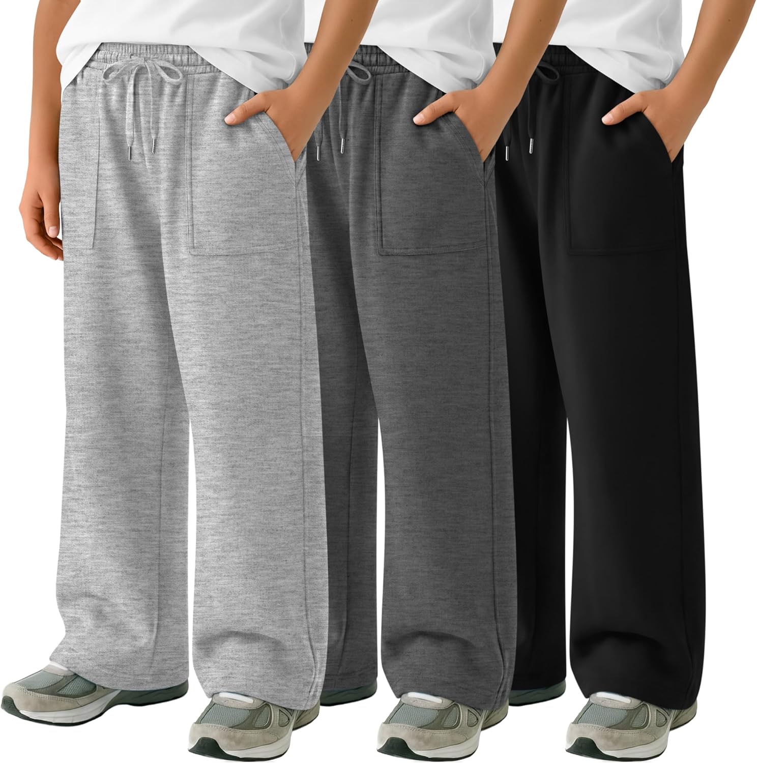 3 Pack Boys Sweatpants Baggy Athletic Jogger Straight Leg Open Bottom Elastic Waist Pants with Pockets Drawstring
