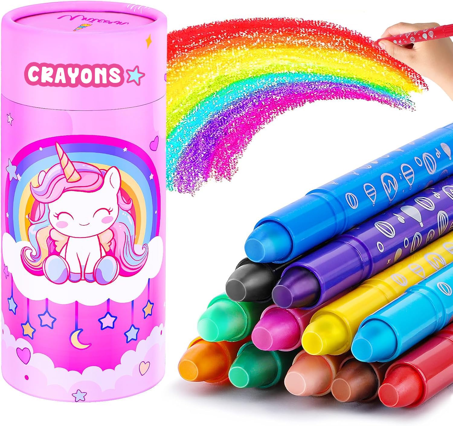 JYPS Crayons for Toddlers Age 1 2 3, 12 Colours Non-Toxic Washable Crayons with Pen Holder, Unicorn Drawing Colouring Pen Set for Kids, Gift for 3-7 Year Old Girls/Boys