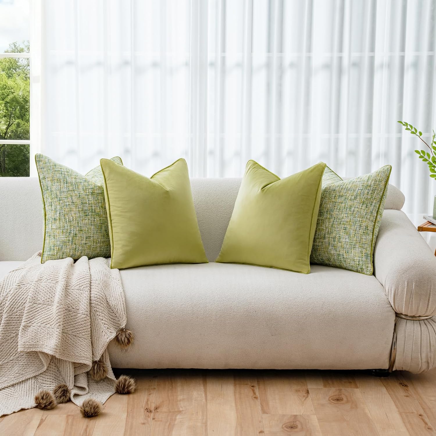 a moment Green 4 Pack Throw Pillow Covers - Chenille & Velvet Set with Piping, Farmhouse Textured Design Pillow Cases for Couch Sofa Bed Livingroom (16x16 Inch, No Insert) image 4