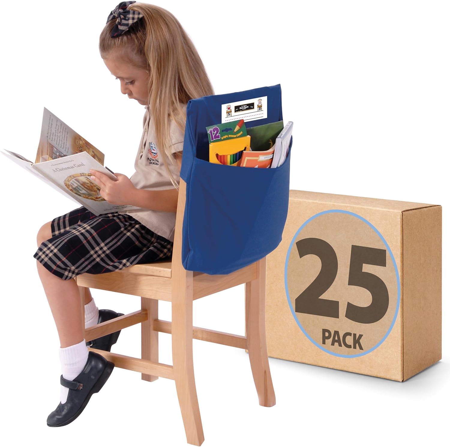 Seat Sack Small Chair Storage Pocket - 12 Inches, Blue. Classroom Pack of 25 - Perfect Organizer for Classroom Chairs, Durable and Spacious Chair Pocket for Classroom Storage and Organization