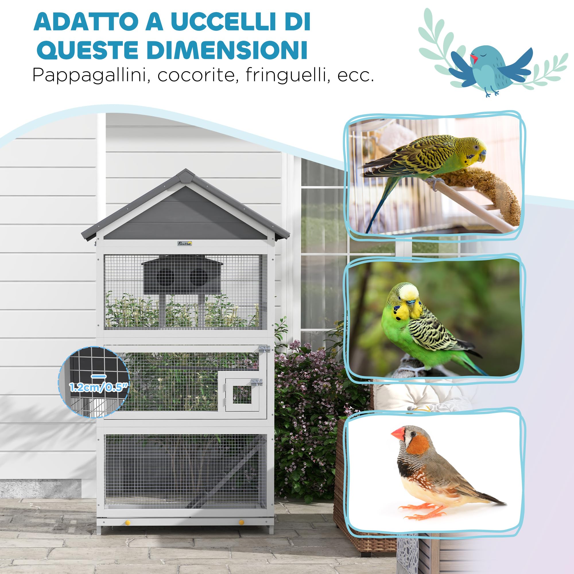PawHut Voliera per Uccelli a 3 Porte con Casetta, Scaletta e Vassoio Estraibile, Gabbietta per Uccelli in Legno di Abete e Metallo, 92x52x171 cm, Grigia e Nera