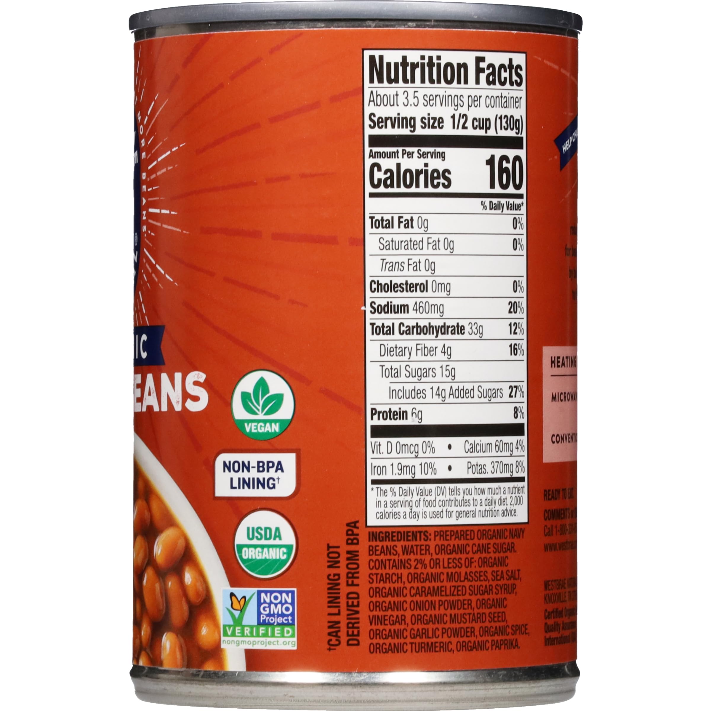 WESTBRAE 16 oz Natural Organic Baked Beans, Source of Plant Based Protein and Fiber, Low Fat, Gluten Free, (Pack of 12)