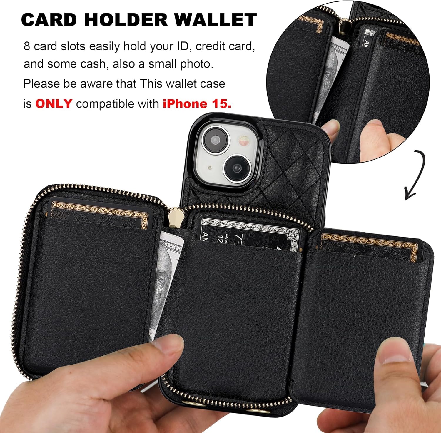 Bocasal Crossbody Wallet Case for iPhone 15, RFID Blocking PU Leather Zipper Handbag Purse Flip Cover, Kickstand Folio Case with Card Slots Holder Wrist Strap Lanyard 5G 6.1 Inch (Black) - Image 4