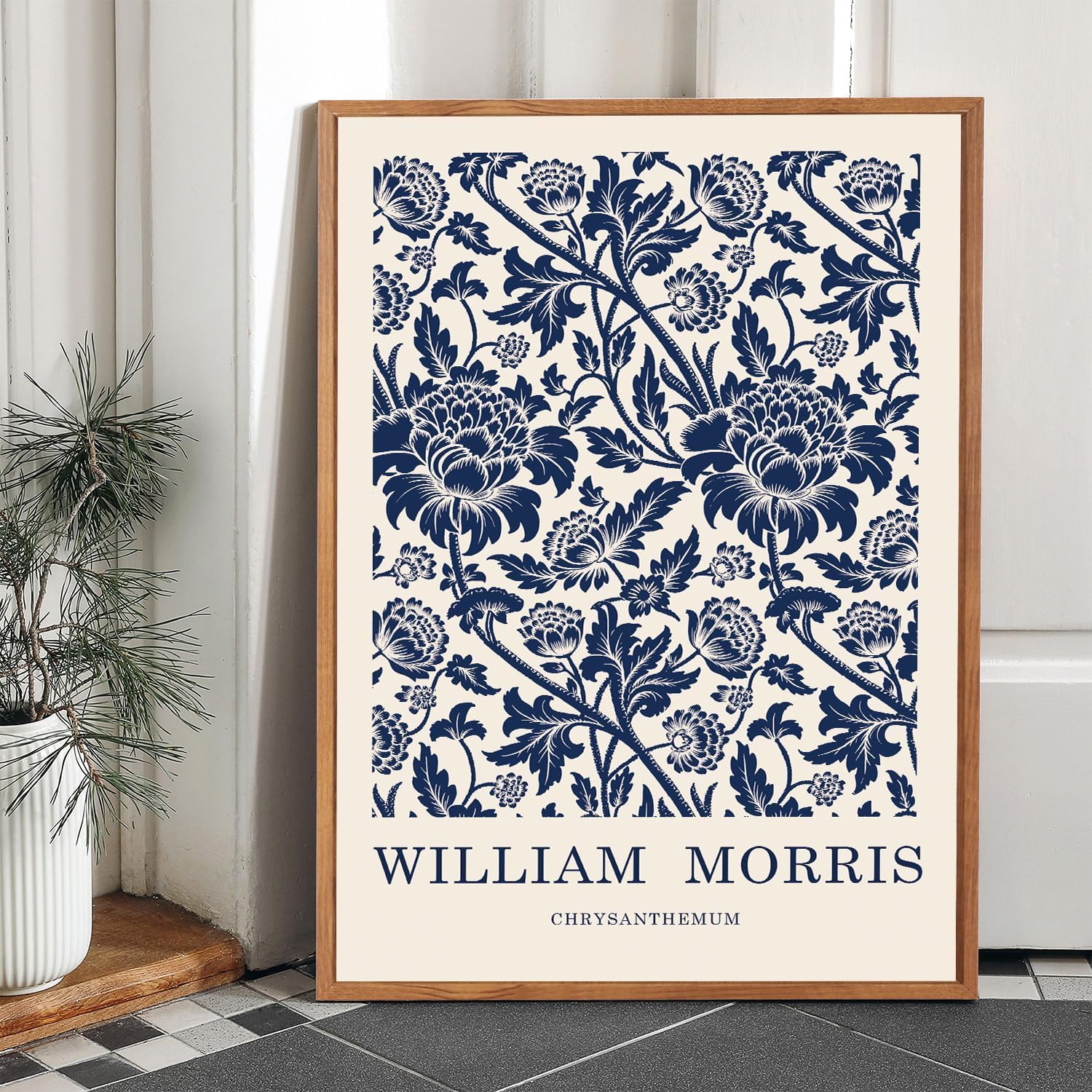 LHIUEM WILLIAM MORRIS Blue and White Picture Wall Decor,Vintage Wall Art Flowers Theme,Neutral Navy Blue White Tones Framed Prints,Scandinavian Cream Canvas Decor,Boho Botanical Art for Home-24”X36”X3