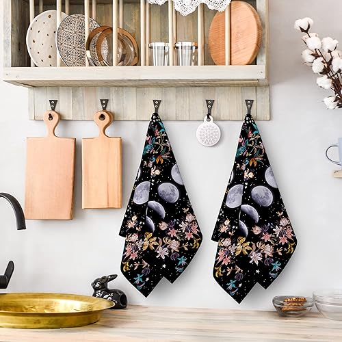 Miniatura 5 de Witchy - Juego de 2 paños de cocina negros estilo botánico con diseño floral de Luna Fases Luna, decoración de flores góticas, bohemias, regalos de