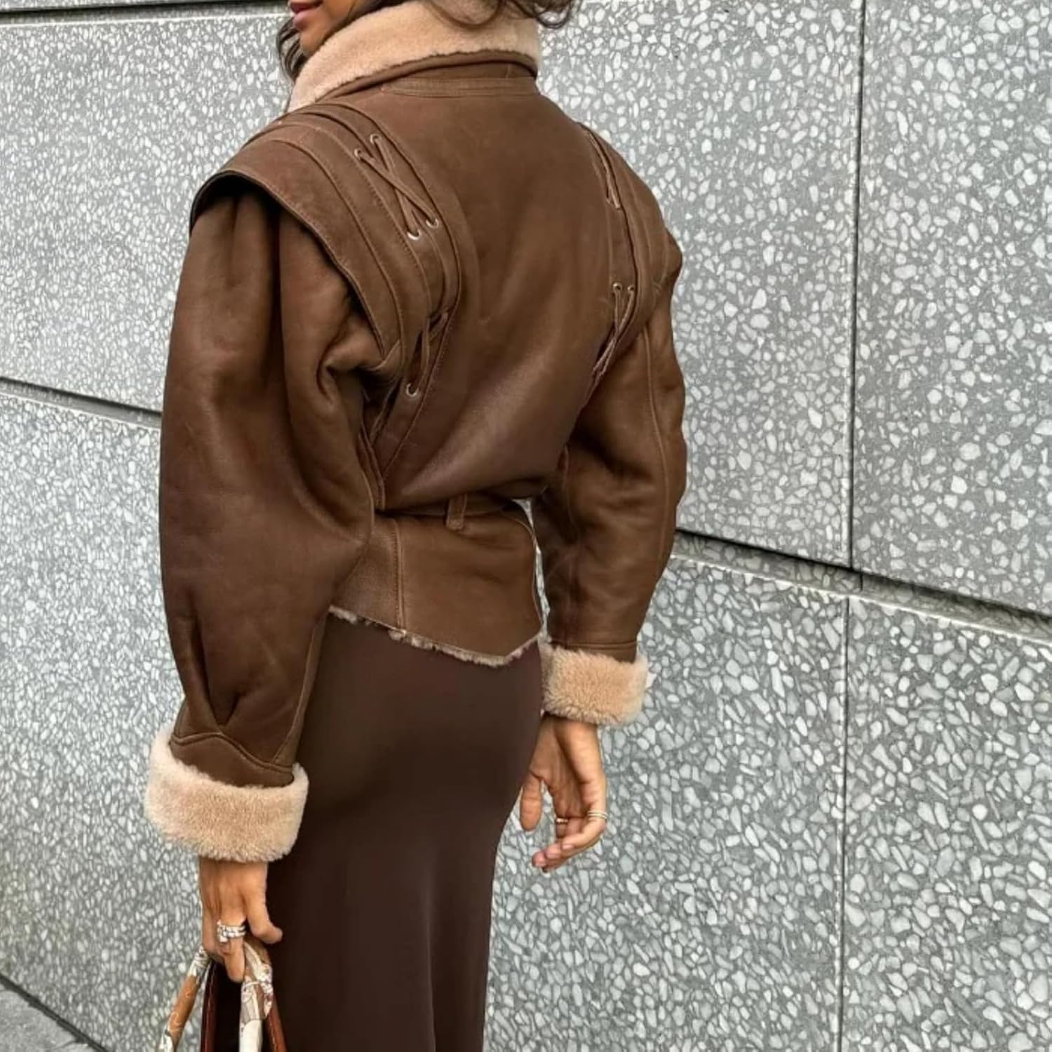 PU Leather Patchwork Jacket with Belt Women Long Sleeves Drawstring Tie Coat Female Thick Street Outwear