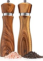 GennuaKitchen Acacia Wood Salt & Pepper Grinder Set - Refillable 8" Mills, Adjustable Coarseness, Ceramic/Steel Core