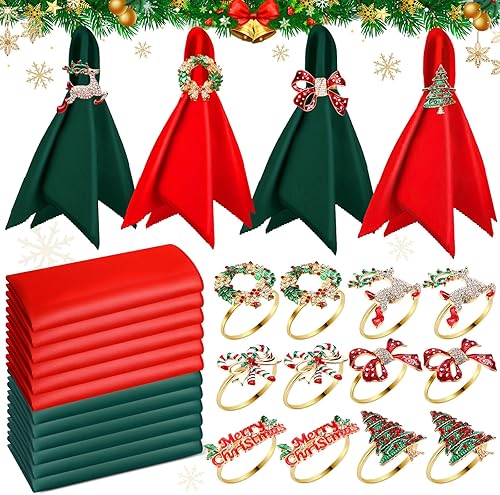 Sliner Juego de 12 servilletas y servilleteros de tela de Navidad, 18 x 18 pulgadas, servilletas de Navidad de color rojo y verde, lavable, con alce disponible en Yaxa Venezuela