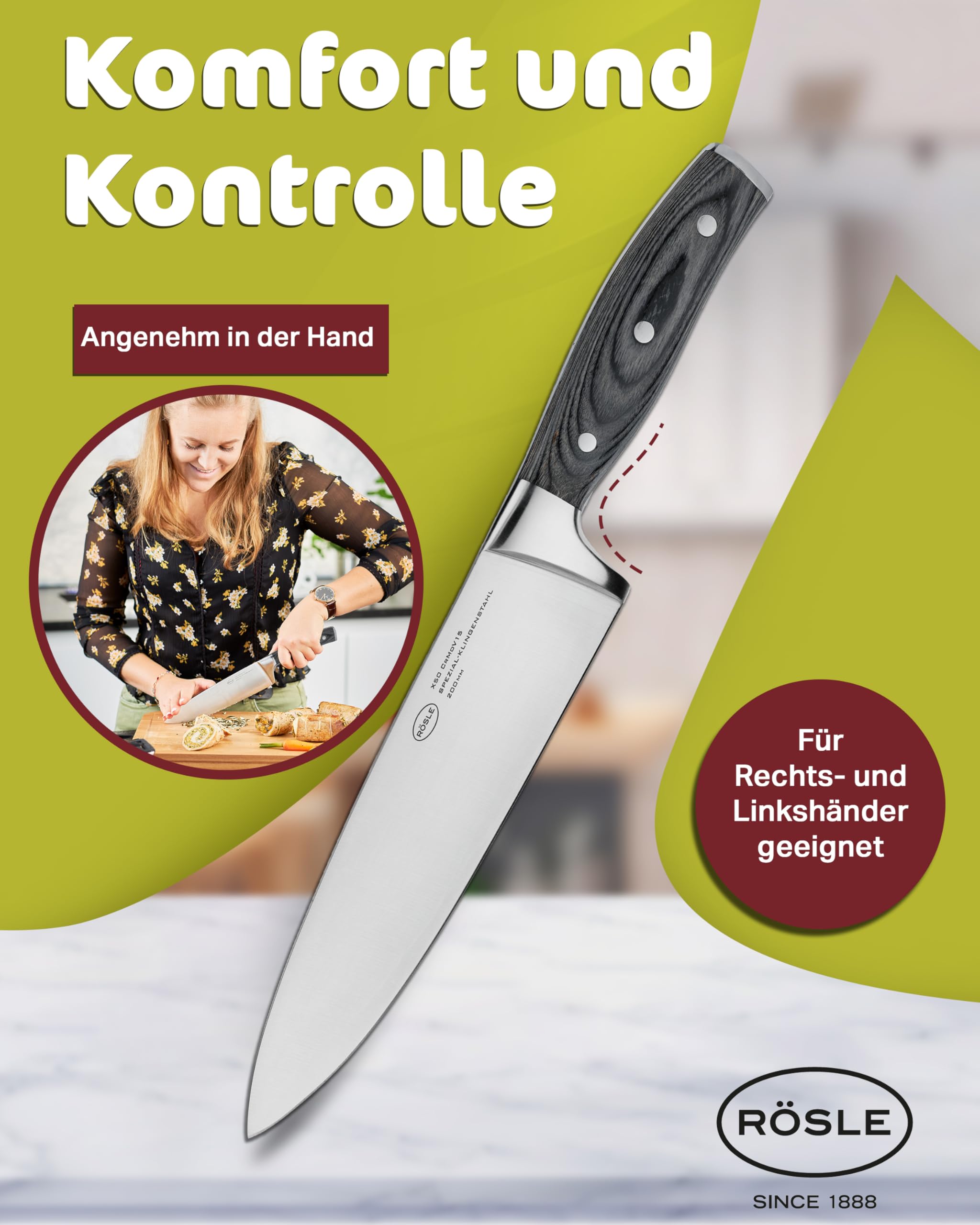 RÖSLE nóż kuchenny WOLFGREY 20 cm – Wysokiej jakości i ostry nóż kuchenny, uniwersalny do mięsa, ryb, drobiu i warzyw – nóż kuchenny z ergonomicznym uchwytem z wysokiej jakości drewna pakka