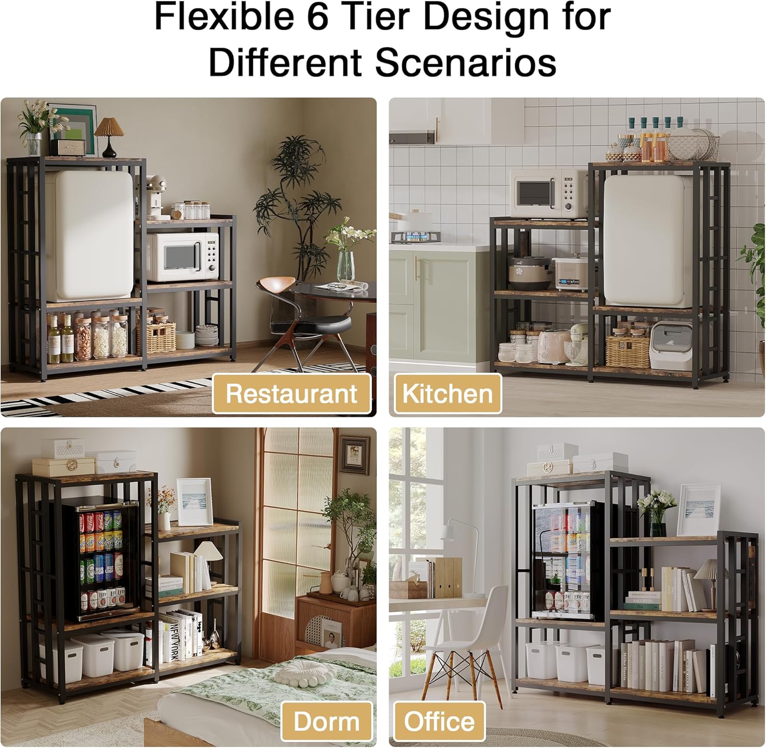 6-Tier Mini Fridge Stand with Power Outlet,Coffee Bar Cabinet Station with Storage Space,Shelf Organizer for Dorm Microwave Baker Rack for Kitchen, Home, Office