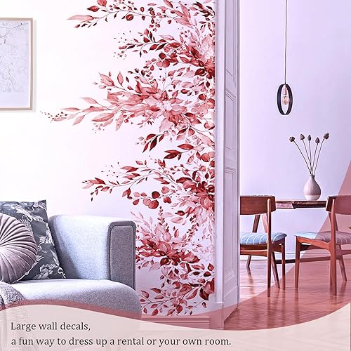 Miniatura 7 de Calcomanías de pared de hojas y plantas rojas burdeos, calcomanías de vinilo de flores grandes, calcomanías de pared de vid extraíble, decoración