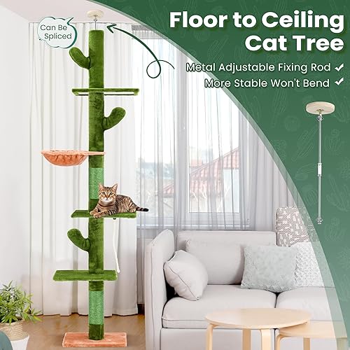 Miniatura 5 de Árbol para gatos, árbol de cactus de 5 niveles para gatos del piso al techo, torre para gatos con hamaca acogedora, altura ajustable de 89-109