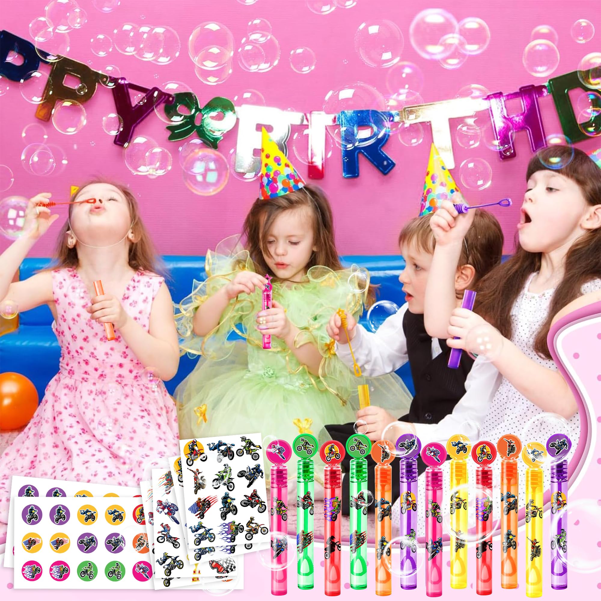 24PCS Dirt Bike DIY Bubble Wands with 96PCS Stickers - Party Favor for Goodie Bags, Pinata Stuffers, Mini Bubble Bulk Farm Birthday Supplies, Toys Gifts, Class Prizes for Toddlers, Boys & Girls