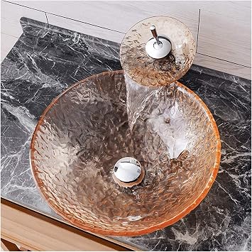 Bathroom Vessel Sink, Antique Vanity Bowl Basin Slivy Round Transparent Above Counter Vessel Sink Tempered Glass Lavatory Basin Bathroom Vanity Bowl Combo