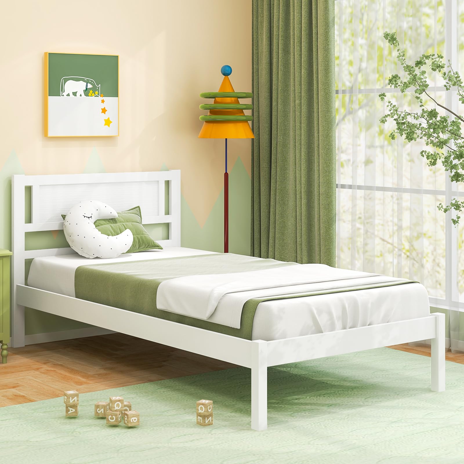 Giantex Twin Platform Bed Frame With Headboard – Solid Wood, Mid-Century Design, No Box Spring Needed, White