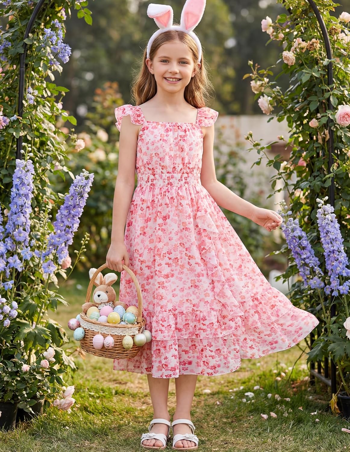 GRACE KARIN Girls Flutter Sleeve Smocked Floral Dresses, Kids Easter Spring Summer Dress, Teen Hawaiian Maxi Long Dresses - Image 2
