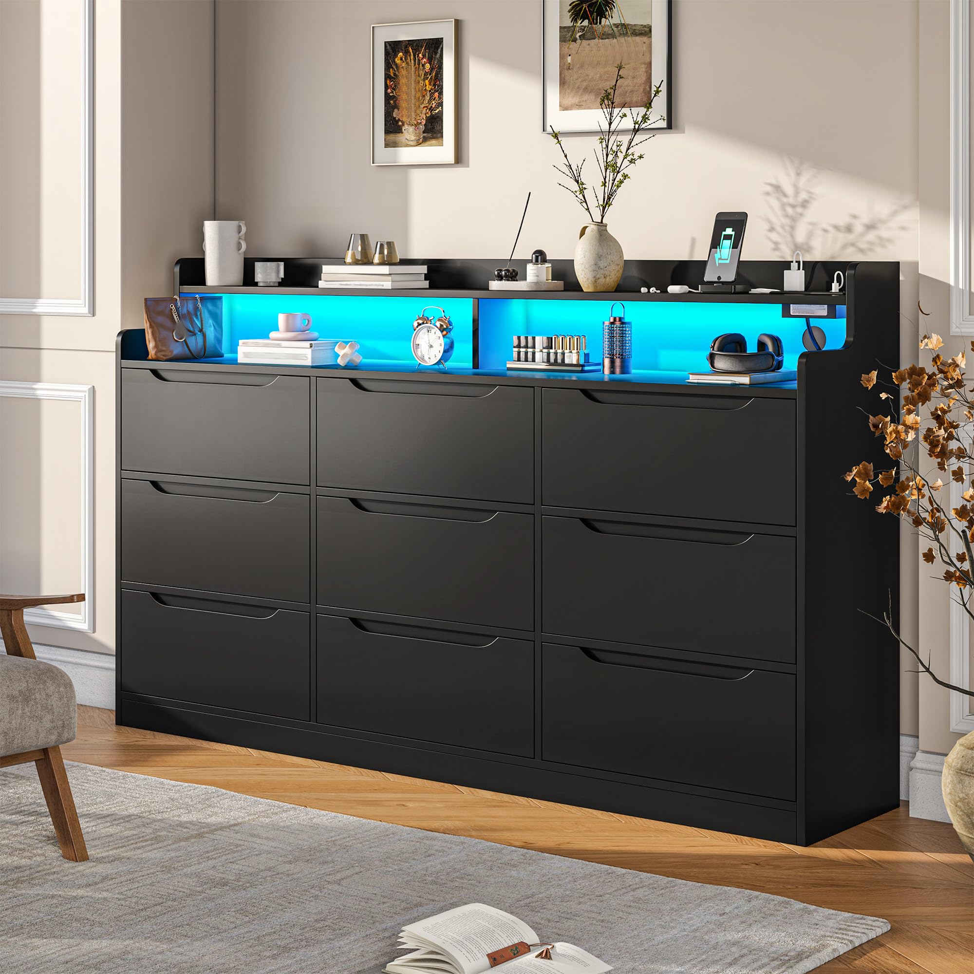 Amazon.com: DurayLoly Black Dresser for Bedroom with LED Light & Charging  Station Modern 9 Drawer Dresser for Bedroom Wood Chest of Drawers for  Living Room Hallway, Anti-Tip Safety, 15.6" D x 55"