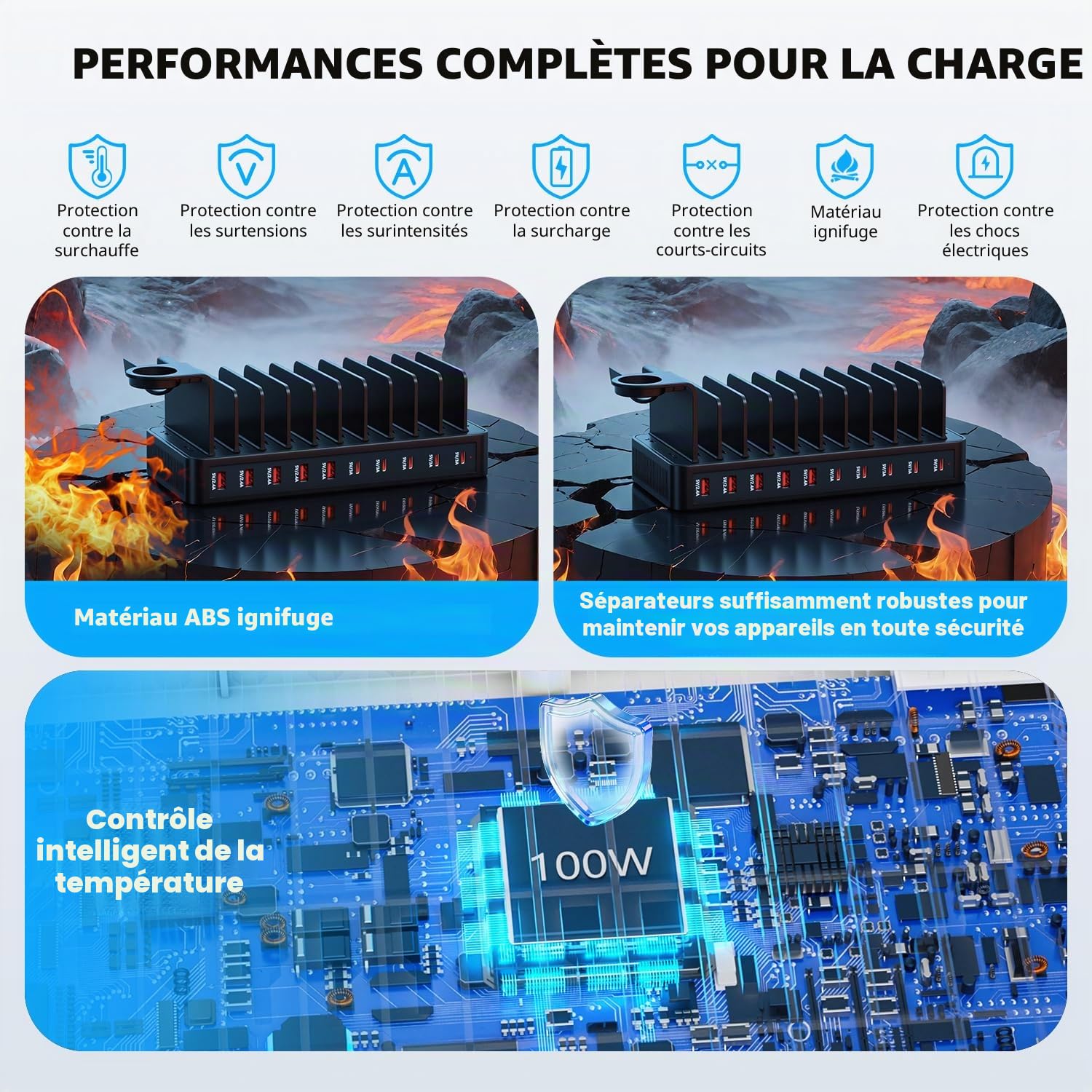 Station de Recharge Multi-appareils 100W, Chargeur 10 Ports USB C+USB A, Support de Bureau pour téléphone et Tablette, adapté au Rangement des appareils, Compatible avec iPhone/Galaxy/iPad/tablettes