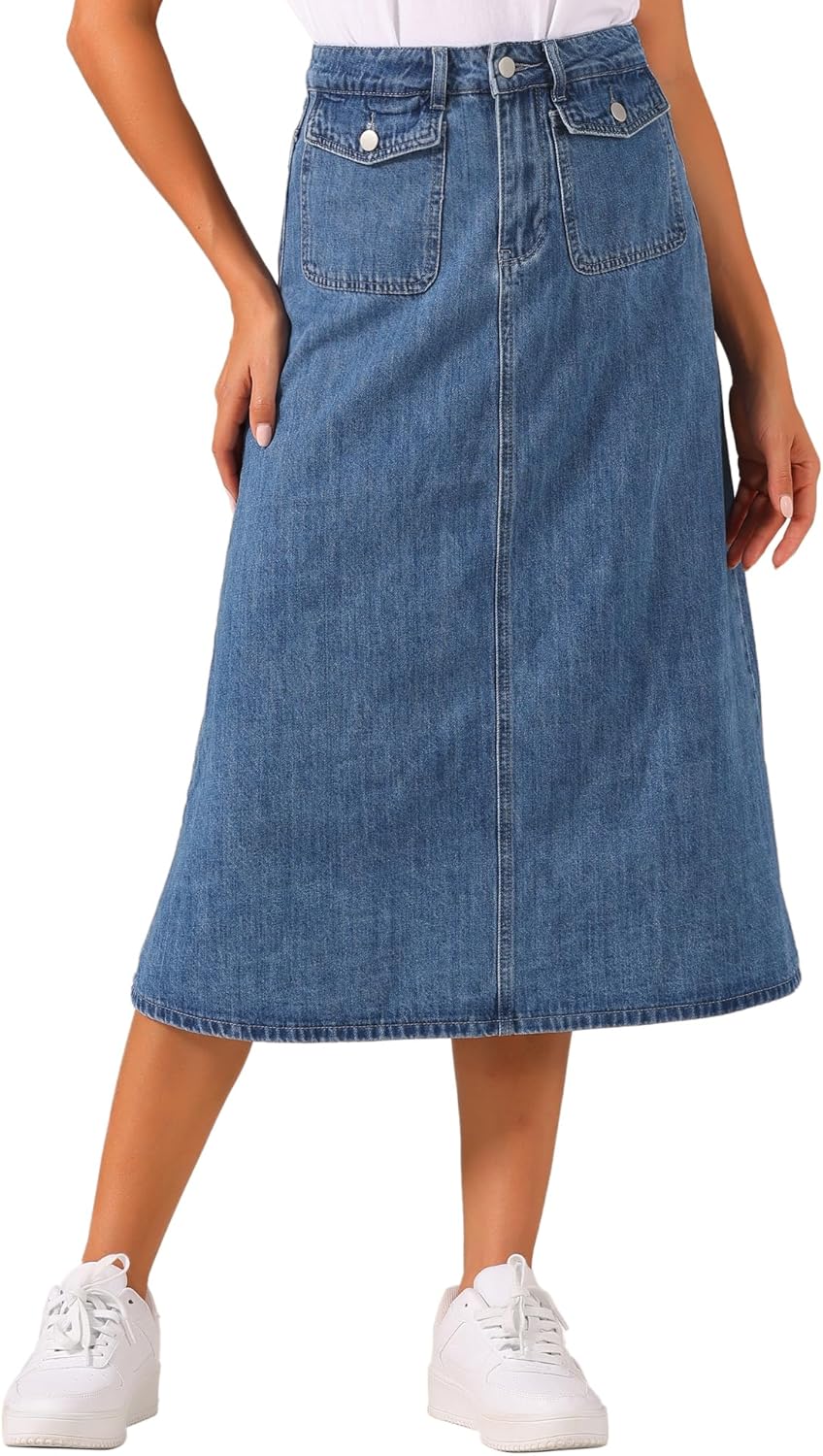 Allegra K Midi Denim Skirt Women High Waisted Flap Pockets A-Line Long Jean Skirt