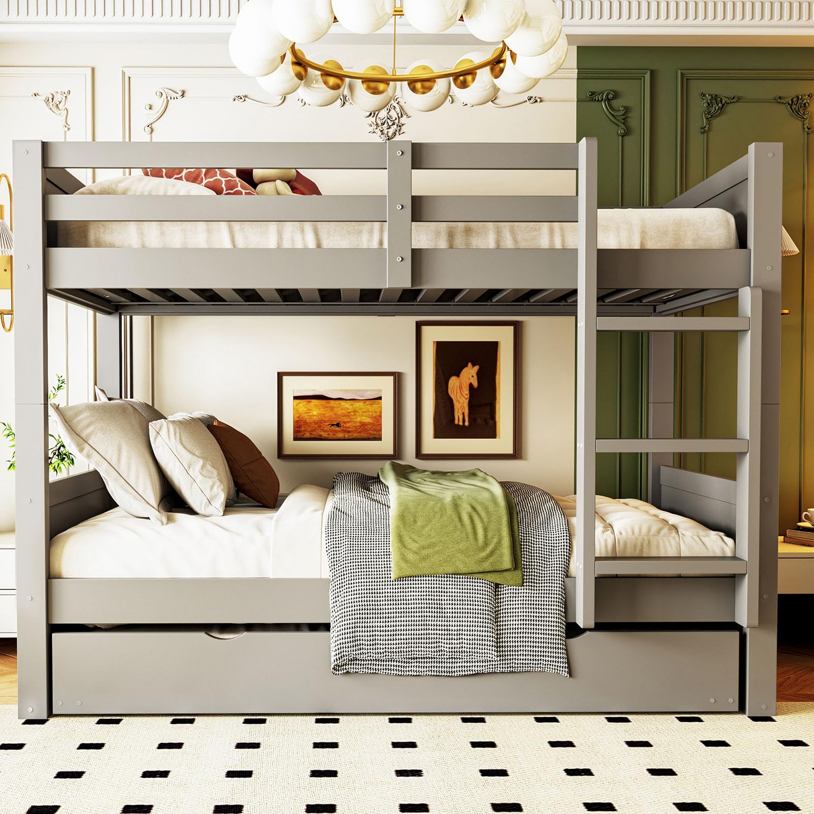 DHHU Lit superposé en Bois 90x200 cm 3 en 1 Convertible avec lit gigogne, barrière sécurité, échelle, sommier Lattes, Design scandinave, Chambre Enfant ado invité