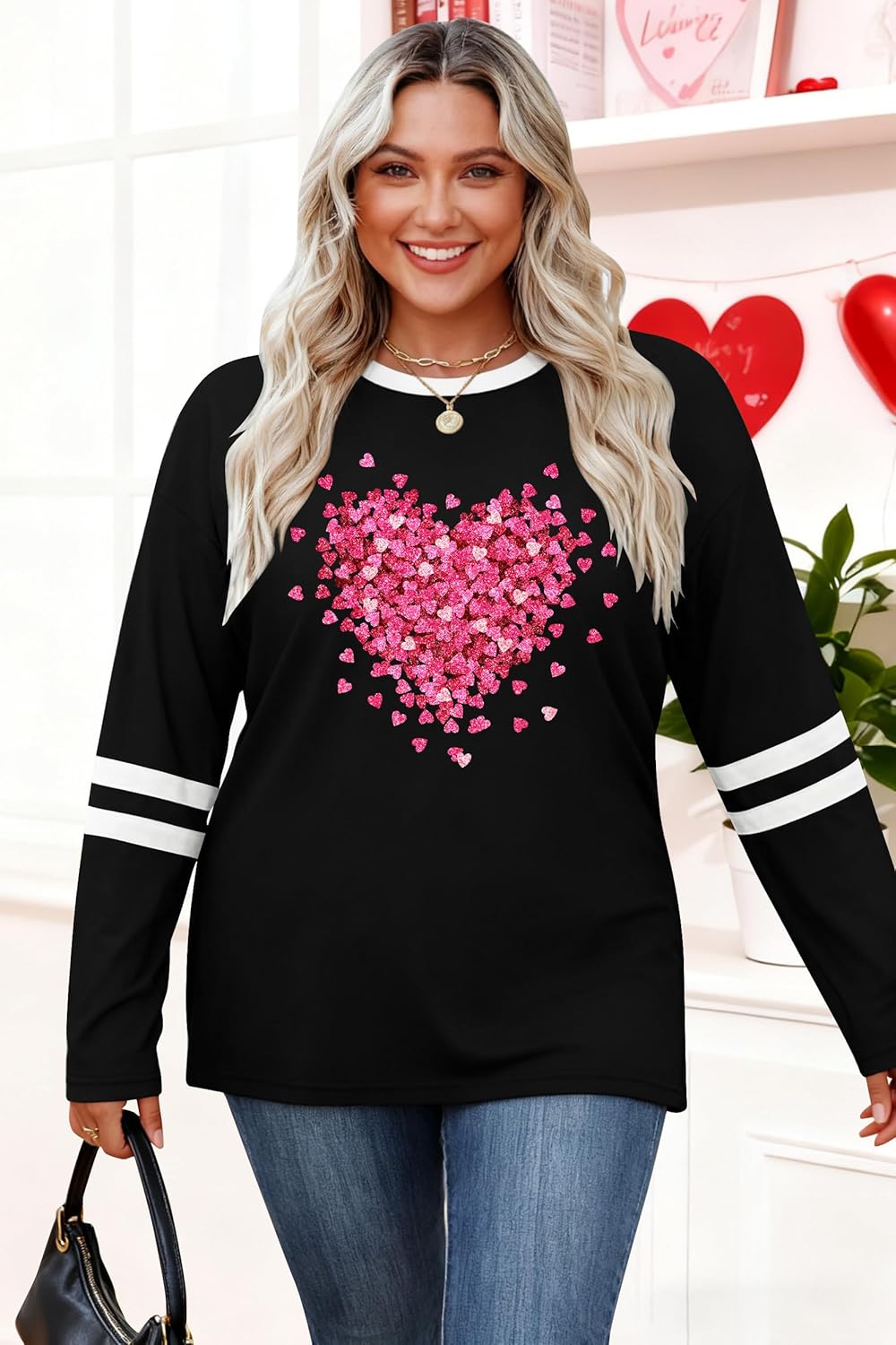 Valentine Shirts for Women Valentine's Day Love Heart Graphic Long Sleeve Tee Tops - Image 2