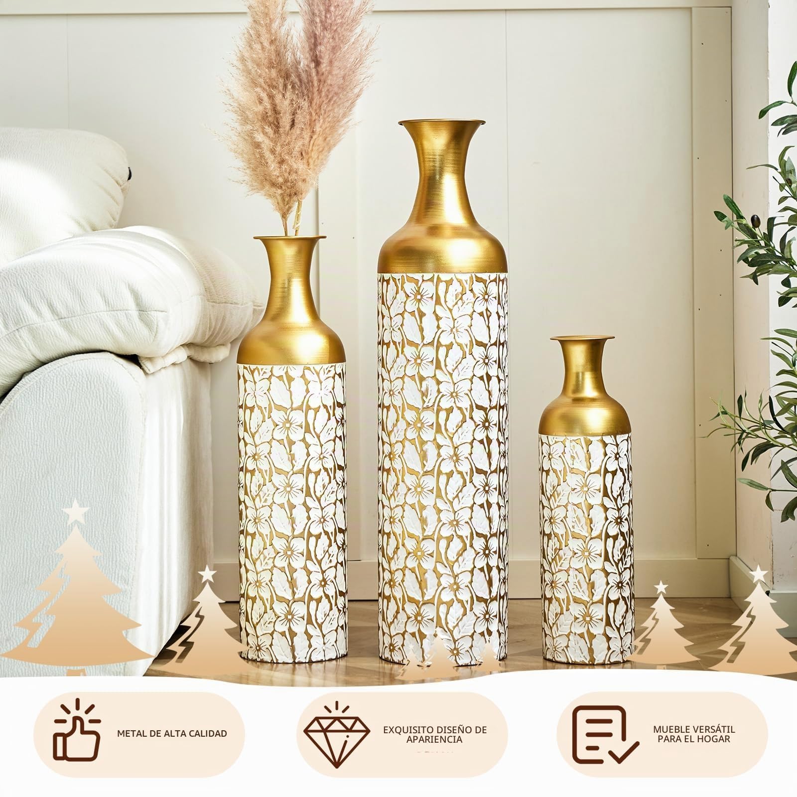 Juego de 3 jarrones de suelo de metal decorativos altos de 83/65/50 cm para hierba de Pampas, flores secas y decoración moderna de salón, pasillo y dormitorio, jarrones grandes con diseño atemporal
