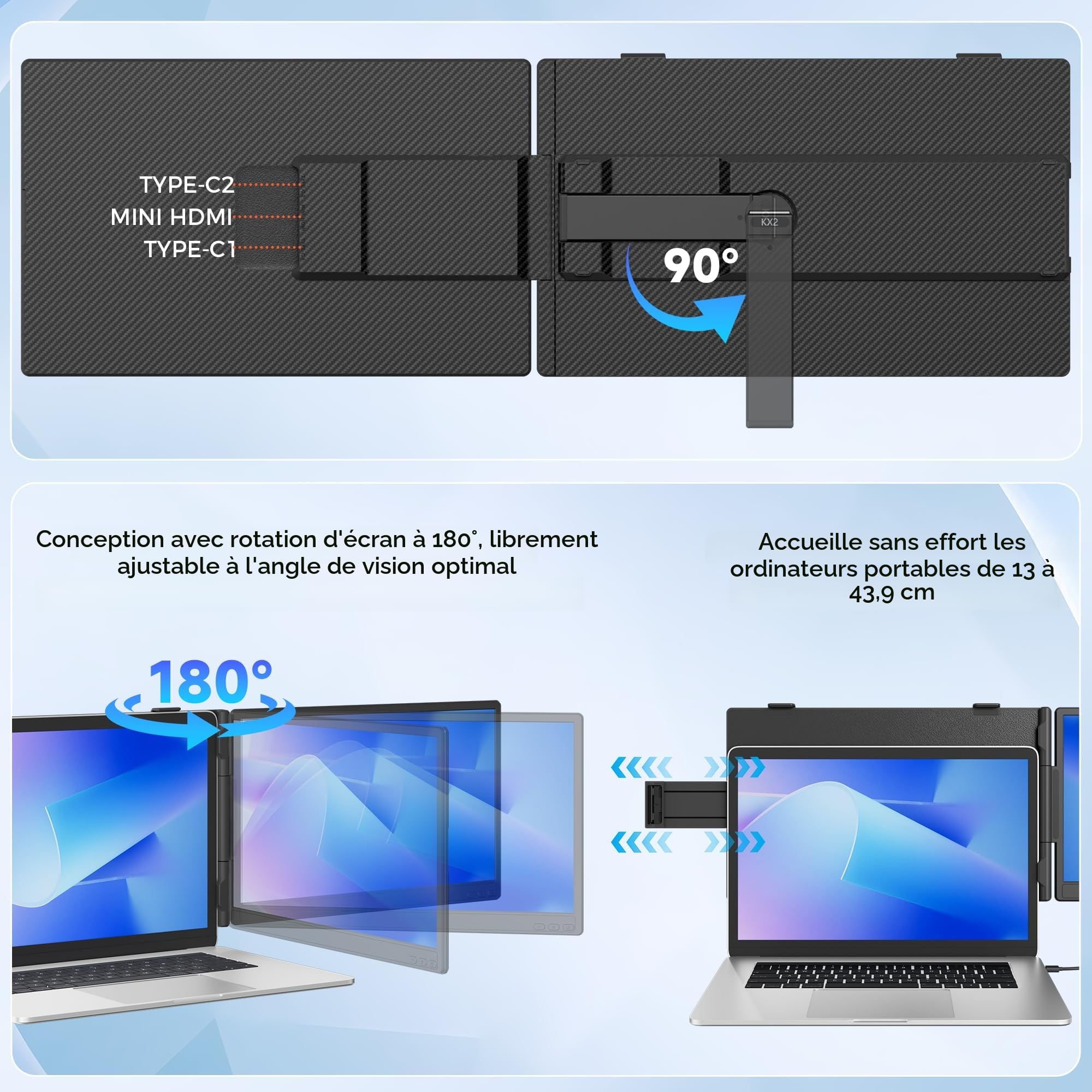 14” Extension Ecran PC Portable, Double Écran PC Portable IPS FHD 1080P avec USB-C/HDMI, Extension d'écran Portable pour 13-17.3" Ordinateurs Portables avec Plug & Play pour Mac/Android