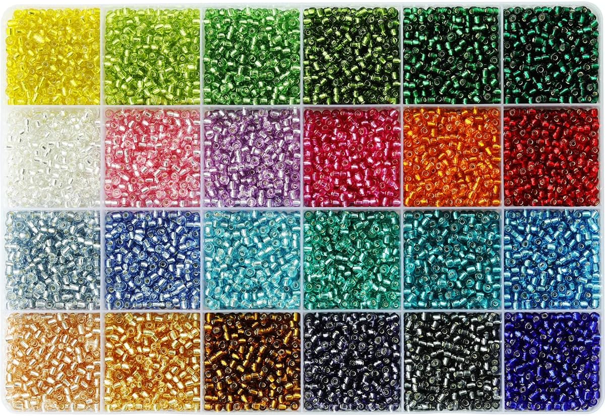 8/0 Glass Seed Beads About 7200pcs 24 Colors 3mm Loose Seed Beads Kit Bracelet Making with 24-Grid Plastic Storage Box for Jewelry Making