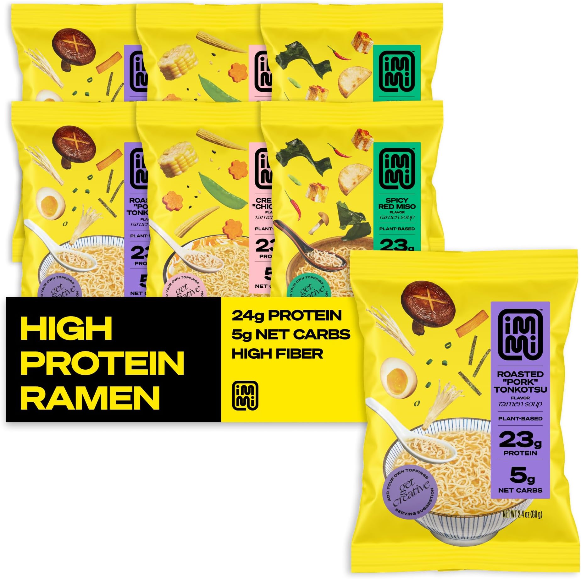 immi Variety Pack Ramen, Creamy "Chicken", Spicy Red Miso, Roasted "Pork" Tonkotsu, 100% Plant Based, Keto Friendly, High Protein, Low Carb, Packaged Noodle Meal Kit, Ready to Eat, 6 Pack
