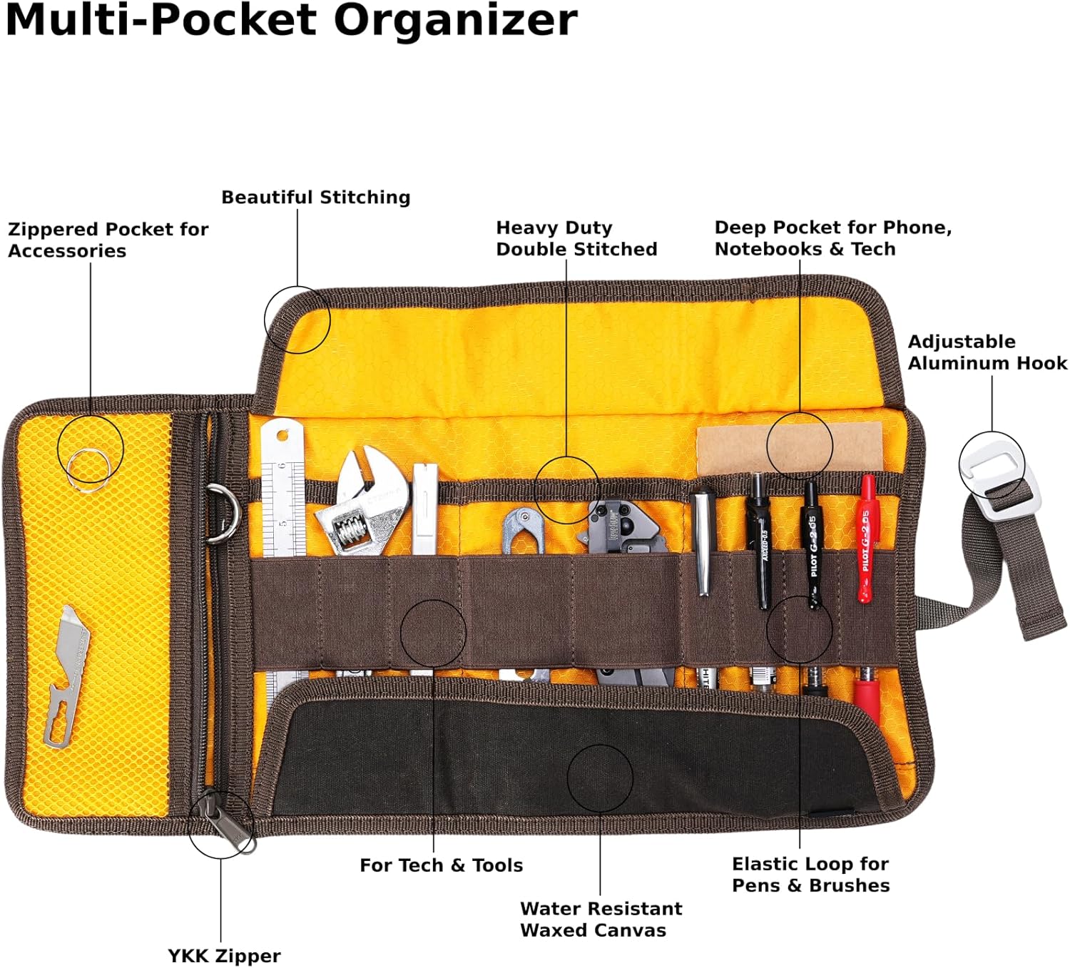 Roll Up Tool Bag Organizer, Small Tool Roll for Pen Lovers & Tech, Waxed Canvas Tool Pouch Pen Bag Pen Case Organizer, Multi-Pocket with Elastic Loops for Pencils, Art Supply, Hard Drives - EDC Bag